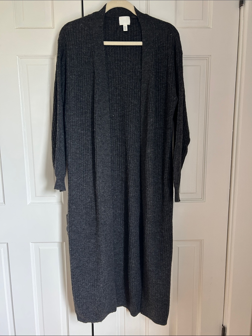 H&M Long Ribbed Open-Front Cardigan - Charcoal Gray